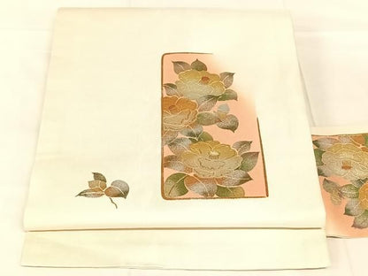 平和屋着物◎九寸名古屋帯　螺鈿　椿　金銀彩　正絹　逸品　AABN2911dk