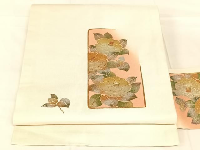 平和屋着物◎九寸名古屋帯　螺鈿　椿　金銀彩　正絹　逸品　AABN2911dk