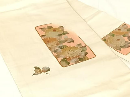 平和屋着物◎九寸名古屋帯　螺鈿　椿　金銀彩　正絹　逸品　AABN2911dk