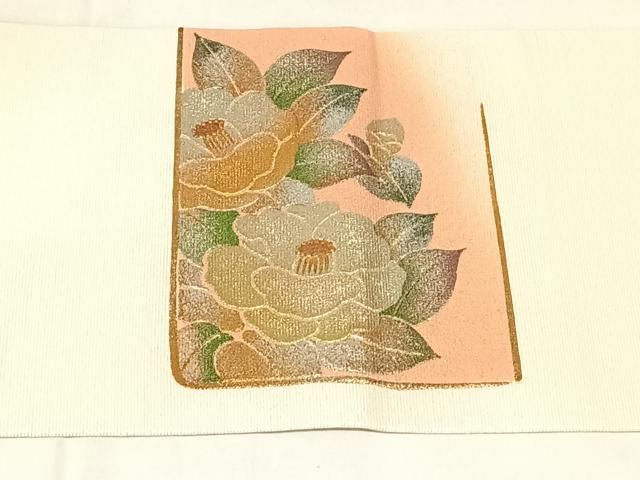 平和屋着物◎九寸名古屋帯　螺鈿　椿　金銀彩　正絹　逸品　AABN2911dk
