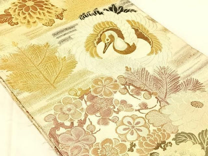 平和屋着物◎アンティーク　大正ロマン　丸帯　飛鶴花文　金糸　正絹　逸品　AABN2914dk