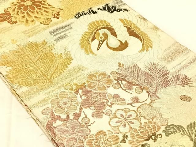平和屋着物◎アンティーク　大正ロマン　丸帯　飛鶴花文　金糸　正絹　逸品　AABN2914dk