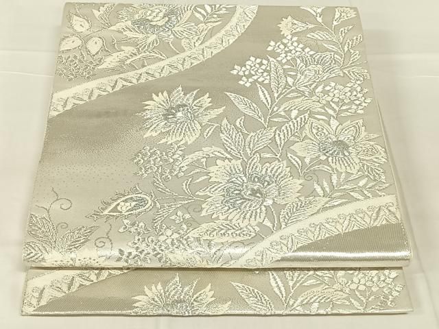 平和屋着物◎六通柄袋帯　唐織　更紗花文　銀糸　正絹　逸品　AABN2916dk