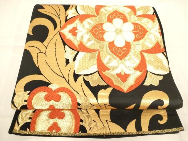 平和屋着物◎六通柄袋帯　唐草花文　黒地　金糸　正絹　逸品　AABN2934ps