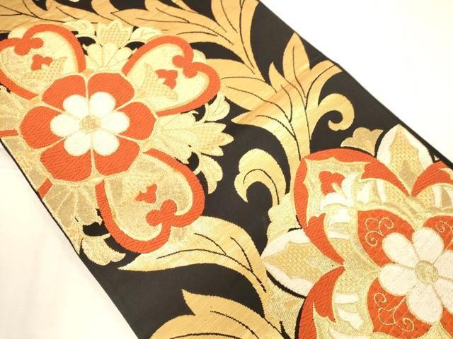 平和屋着物◎六通柄袋帯　唐草花文　黒地　金糸　正絹　逸品　AABN2934ps