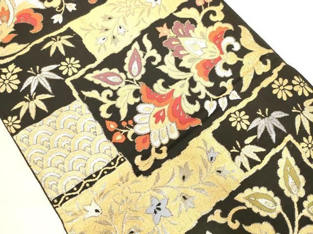 平和屋着物◎六通柄京袋帯　更紗花文　黒地　金糸　AABN2940ps
