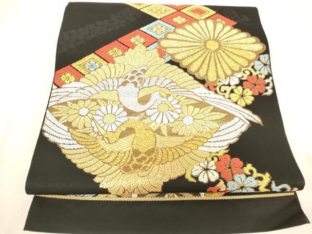 平和屋着物◎西陣　高島織物謹製　六通柄　本袋帯　唐織　双鶴花文　黒地　金銀糸　証紙付き　AABN2941ps