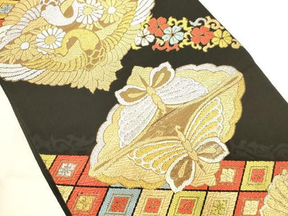 平和屋着物◎西陣　高島織物謹製　六通柄　本袋帯　唐織　双鶴花文　黒地　金銀糸　証紙付き　AABN2941ps
