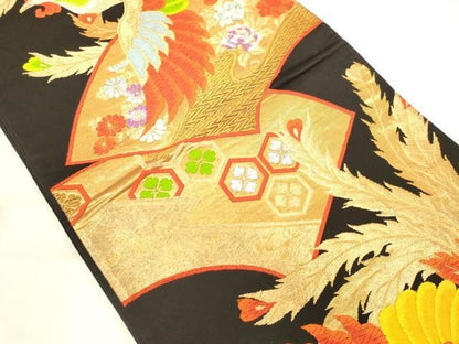 平和屋着物◎六通柄袋帯　唐織　地紙重ね鳳凰文　黒地　金糸　正絹　逸品　AABN2943ps