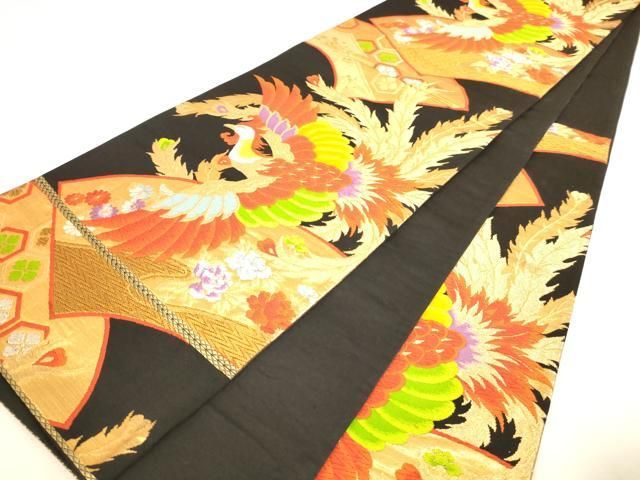 平和屋着物◎六通柄袋帯　唐織　地紙重ね鳳凰文　黒地　金糸　正絹　逸品　AABN2943ps