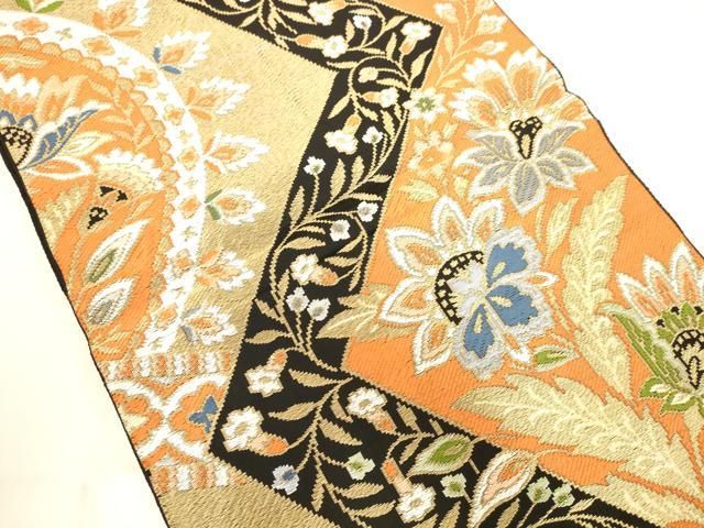 平和屋着物◎六通柄京袋帯　更紗花文　黒地　金糸　AABN2945ps
