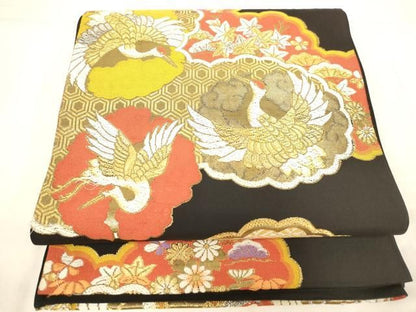 平和屋着物◎六通柄袋帯　唐織　飛鶴花文　黒地　金銀糸　正絹　逸品　AABN2946ps