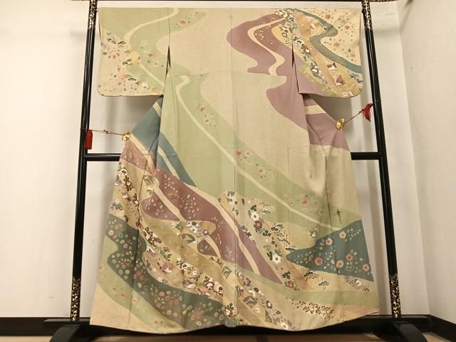 平和屋着物●京友禅の第一人者　松井青々　訪問着　花蝶舞扇文　金銀彩　正絹　逸品　AABN2968ph