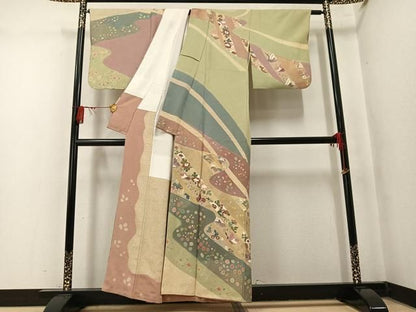 平和屋着物●京友禅の第一人者　松井青々　訪問着　花蝶舞扇文　金銀彩　正絹　逸品　AABN2968ph
