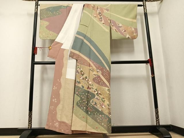 平和屋着物●京友禅の第一人者　松井青々　訪問着　花蝶舞扇文　金銀彩　正絹　逸品　AABN2968ph