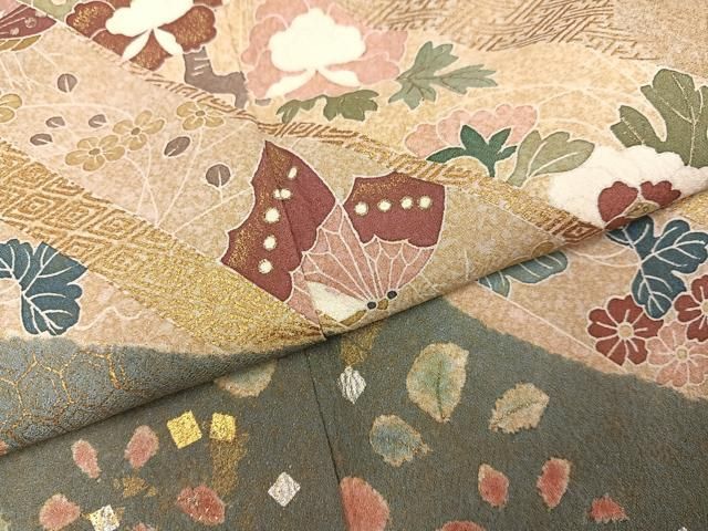 平和屋着物●京友禅の第一人者　松井青々　訪問着　花蝶舞扇文　金銀彩　正絹　逸品　AABN2968ph