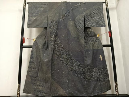平和屋着物●訪問着　藍　型絵染　松本輝之　草花文　正絹　逸品　AABN2972ph