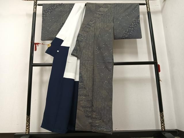 平和屋着物●訪問着　藍　型絵染　松本輝之　草花文　正絹　逸品　AABN2972ph
