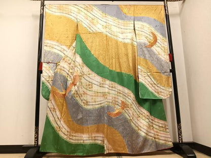 平和屋着物●豪華振袖　絞り　駒刺繍　飛鶴文　金彩　正絹　逸品　AABN2984ph