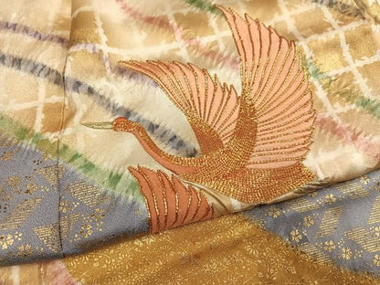平和屋着物●豪華振袖　絞り　駒刺繍　飛鶴文　金彩　正絹　逸品　AABN2984ph