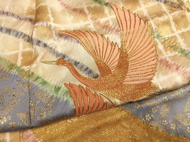 平和屋着物●豪華振袖　絞り　駒刺繍　飛鶴文　金彩　正絹　逸品　AABN2984ph