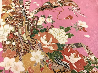 平和屋着物●豪華振袖　御所車檜扇花文　金彩　ロング丈　正絹　逸品　AABN2989ph