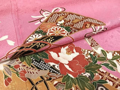 平和屋着物●豪華振袖　御所車檜扇花文　金彩　ロング丈　正絹　逸品　AABN2989ph
