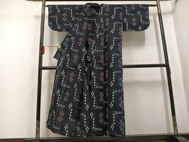 平和屋着物●久留米絣　単衣　草花文　綿　逸品　AABN3017ph