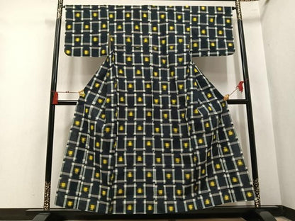 平和屋着物●久留米絣　単衣　格子　綿　逸品　AABN3021ph