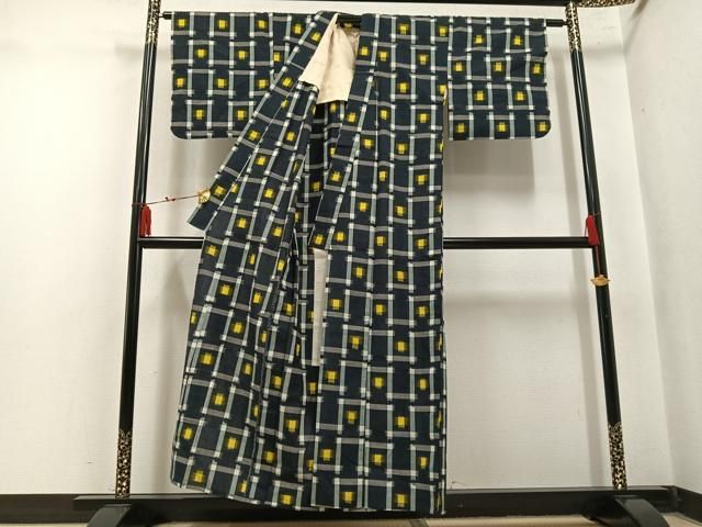 平和屋着物●久留米絣　単衣　格子　綿　逸品　AABN3021ph