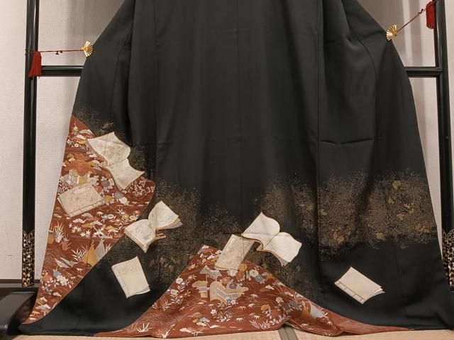 平和屋着物●豪華黒留袖　駒刺繍　風景花冊子文　金彩　正絹　逸品　AABN3022ph