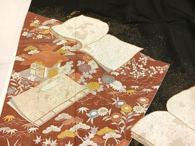 平和屋着物●豪華黒留袖　駒刺繍　風景花冊子文　金彩　正絹　逸品　AABN3022ph