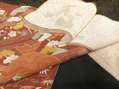 平和屋着物●豪華黒留袖　駒刺繍　風景花冊子文　金彩　正絹　逸品　AABN3022ph