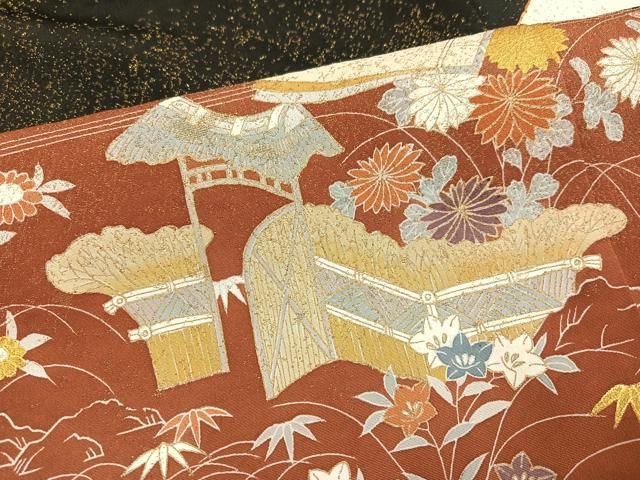 平和屋着物●豪華黒留袖　駒刺繍　風景花冊子文　金彩　正絹　逸品　AABN3022ph