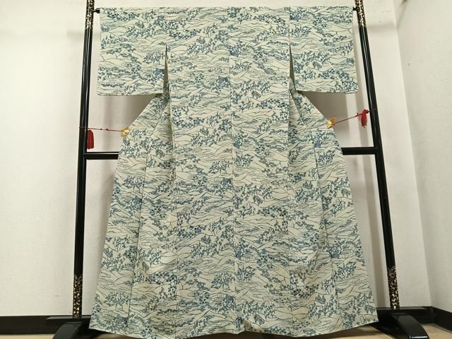 平和屋着物●上質な小紋　藍　型染め　風景草花文　鬼しぼ縮緬　正絹　逸品　AABN3029ph