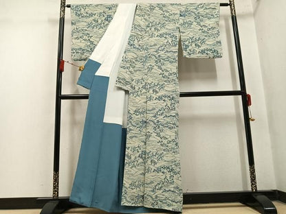 平和屋着物●上質な小紋　藍　型染め　風景草花文　鬼しぼ縮緬　正絹　逸品　AABN3029ph