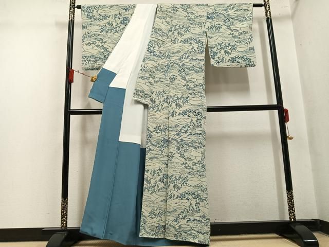 平和屋着物●上質な小紋　藍　型染め　風景草花文　鬼しぼ縮緬　正絹　逸品　AABN3029ph