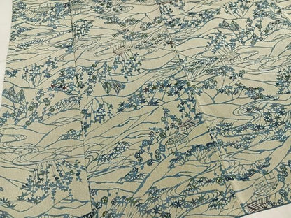 平和屋着物●上質な小紋　藍　型染め　風景草花文　鬼しぼ縮緬　正絹　逸品　AABN3029ph