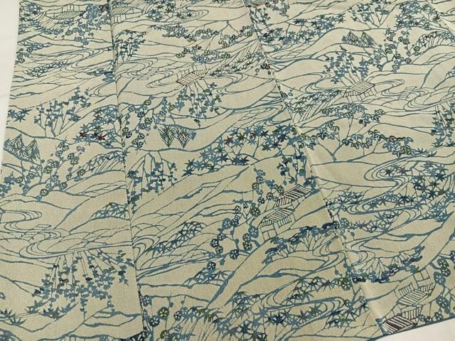 平和屋着物●上質な小紋　藍　型染め　風景草花文　鬼しぼ縮緬　正絹　逸品　AABN3029ph