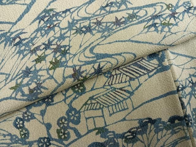 平和屋着物●上質な小紋　藍　型染め　風景草花文　鬼しぼ縮緬　正絹　逸品　AABN3029ph