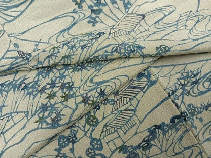 平和屋着物●上質な小紋　藍　型染め　風景草花文　鬼しぼ縮緬　正絹　逸品　AABN3029ph