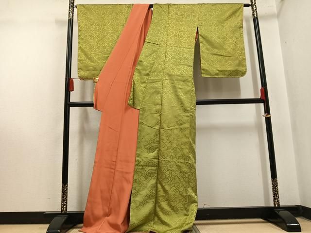 平和屋着物●上質な色無地　葡萄唐草地紋　木蘭色　正絹　逸品　未使用　AABN3042ph