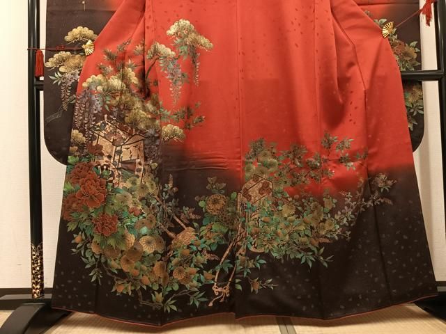 平和屋着物●豪華振袖　御所車花文　暈し染め　金彩　金通し地　正絹　逸品　AABN3052ph