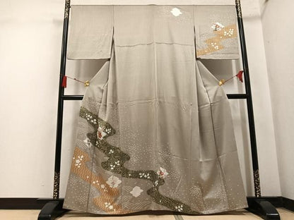 平和屋着物●訪問着　絞り　刺繍　草花文　金彩　正絹　逸品　AABN3054ph