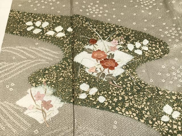 平和屋着物●訪問着　絞り　刺繍　草花文　金彩　正絹　逸品　AABN3054ph