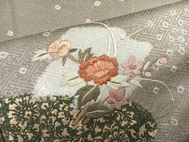 平和屋着物●訪問着　絞り　刺繍　草花文　金彩　正絹　逸品　AABN3054ph