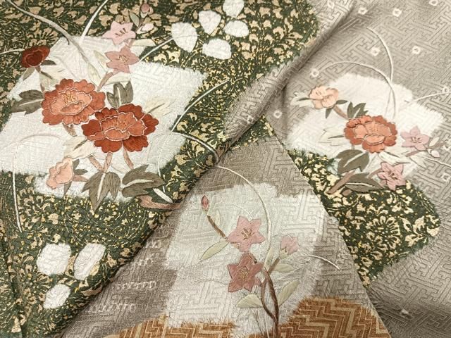 平和屋着物●訪問着　絞り　刺繍　草花文　金彩　正絹　逸品　AABN3054ph