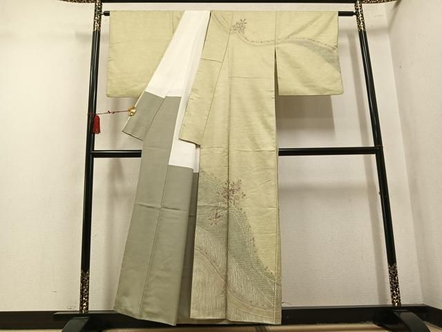 平和屋着物●中国三大刺繍　スワトウ刺繍　汕頭刺繍　総刺繍　訪問着　紬地　更紗文　正絹　逸品　AABN3065ph
