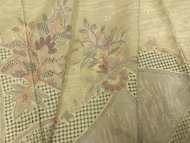平和屋着物●中国三大刺繍　スワトウ刺繍　汕頭刺繍　総刺繍　訪問着　紬地　更紗文　正絹　逸品　AABN3065ph