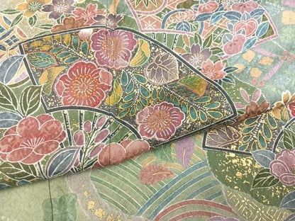 平和屋着物●訪問着　扇面吉祥花文　金彩　正絹　逸品　AABN3074ph